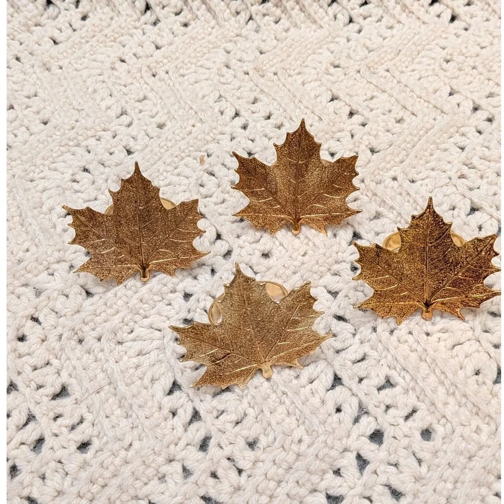 Vintage Gold Maple Leaf Napkin Rings Set 4 Autumn Thanksgiving Fall Table Decor